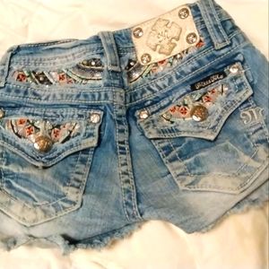 Miss Me Shorts Blue Denim Cut-Off Distressed Embroidered Rhinestones